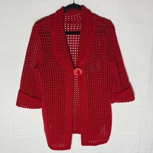 Red Loose Knit Crochet One Button Short Sleeve Cardigan Sweater XS
